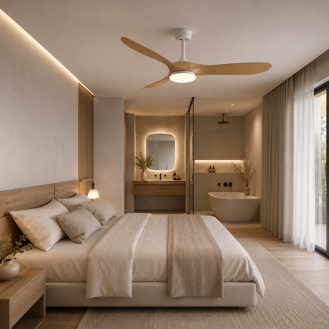 Aria | Ventilateur vintage blanc et bois naturel, LED